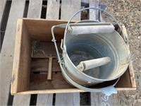 ANTIQUE MOP BUCKET AND WOOD BOX