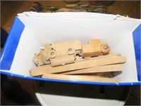 SMALL BOX OF WOOD TRAIN PIECES