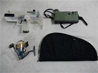 FISHING POLE REEL, PISTOL CASE, RANGE FINDER, ETC