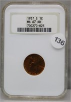 1937-S NGC MS67RD Wheat Cent.