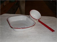 Vintage Enamelware Pan & Ladle - White w/ Red Trim