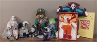 Box of Clowns Porcelain and stuffed Clowns