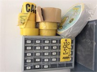 Caution tape, organizer bin& light bulbs