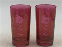 -2 vintage federal cranberry glasses etched