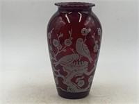 Beautiful Ruby red Vase, bird and flower motif