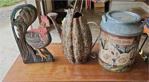 ROOSTER, PUMPKIN WATERING CAN & PIG TIN