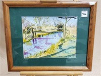 Watercolor Painting of Creek & Wood Bridge