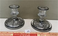 TWO LOVELY SILVER INLAY CANDLESTICK GLASS