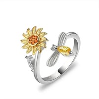 Sunflower 925 Sterling Silver Cuff Spinner Ring