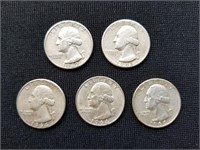 1948-1964 Washington Silver Quarters 5ct