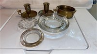 Glass Ashtrays and brass looking candlesticks and