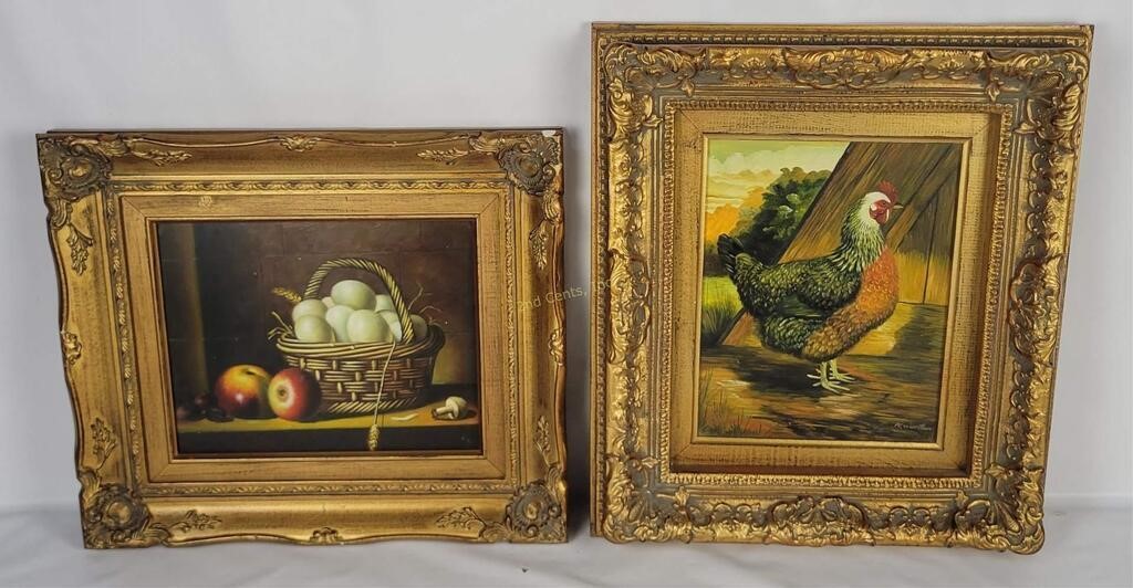 Vtg Framed Chicken & Eggs Paintings