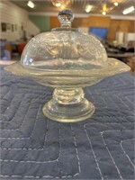 Depression glass pedestal dish with lid