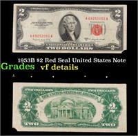 1953B $2 Red Seal United States Note Grades vf det