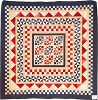 Blue and Red Medallions, bed quilt, 100" x 101"