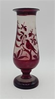 Vtg. Bohemian Czech Ruby Hand Blown Etched Vase #1