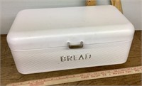 White metal bread box with hinged lid