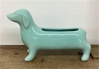 Blue ceramic weiner dog planter