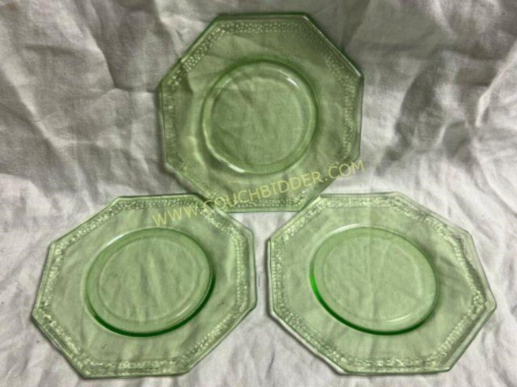 3 Octagon Depression Glass Plates , Uranium Green