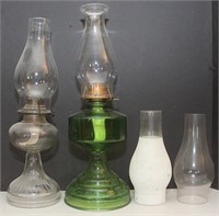2 pedestal glass oil lights and 2 extra chimneys