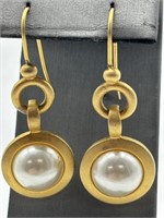 1970's Brushed Gold Tone Faux Pearl Runway Earring