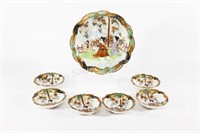 Ornate Japanese Kutani Porcelain Geisha Dish Set