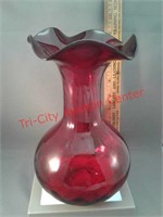 Red glass vase with flared Brim - 9 1/2" tall