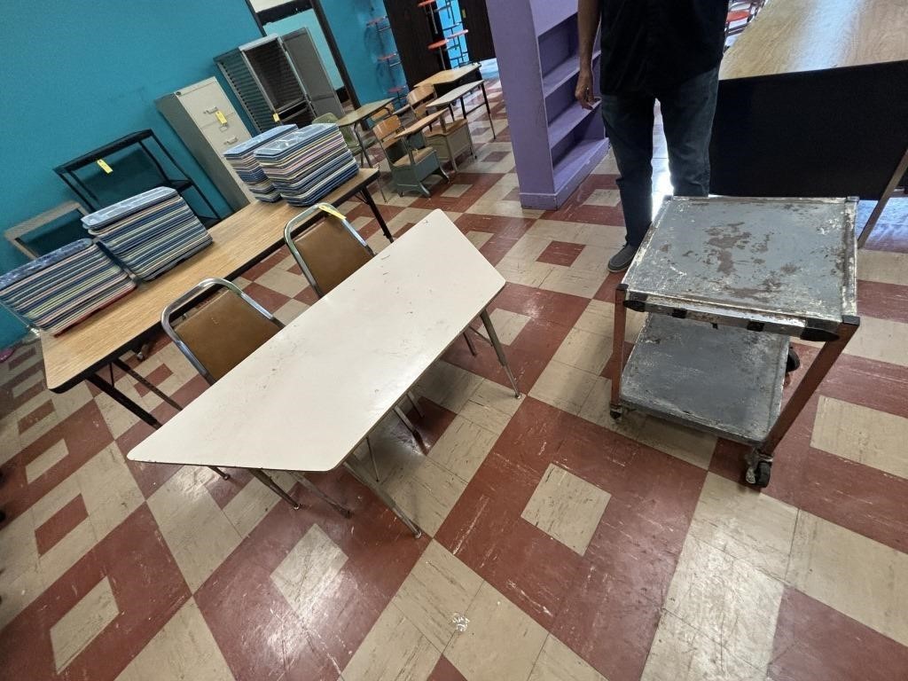 2 Chairs, 2 Tables, Metal Rolling Cart
