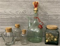 (4) Glass Containers W/ Corks & Wine Carafe