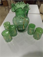VICTORIAN ENAMELED PITCHER W/ FIVE(5) GLASSES