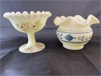 Fenton Hand Painted Pedestal Dish & Vase