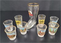 8 shot glasses with German Beer boot vtg