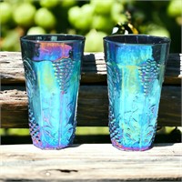 Two Electric Cobalt Blue Carnival Glass Tumblers