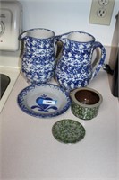 2 stoneware pitchers and 1 stoneware plate  K