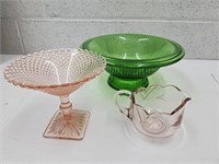 Vintage PInk Glass , Stemware, Green Bowl