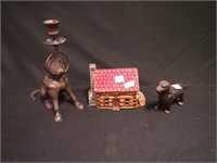 Three metal figurines: two dogs in the form of