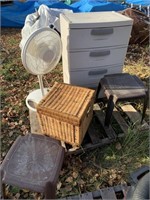 Sterilite dresser, wicker basket, fan, stools