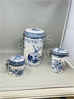 3 pc Delft - canisters w/ hinged lids - 4.5"- 11"