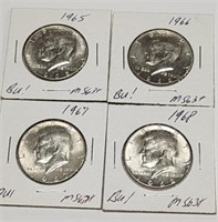 Lot of 4 BU Kennedy Half Dollars 1965,66,67,68