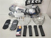Box Lot of Assorted Hockey Gear, Cage, Elbow Pads