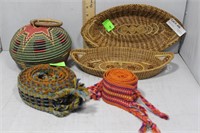 Pine Needle trinket baskets, Two African belts &
