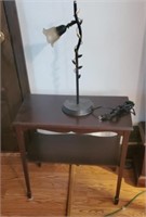 Antique Wooden Side Table & Metal Flower Lamp