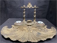 LARGE BRASS PORCELAIN VICTORIAN INKWELL SET