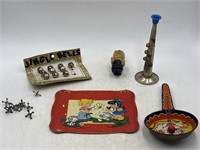 Vintage toys, two noisemakers, one mini metal
