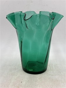 Green glass fluted vase