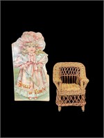 Antique Doll Book And Wicker Chair