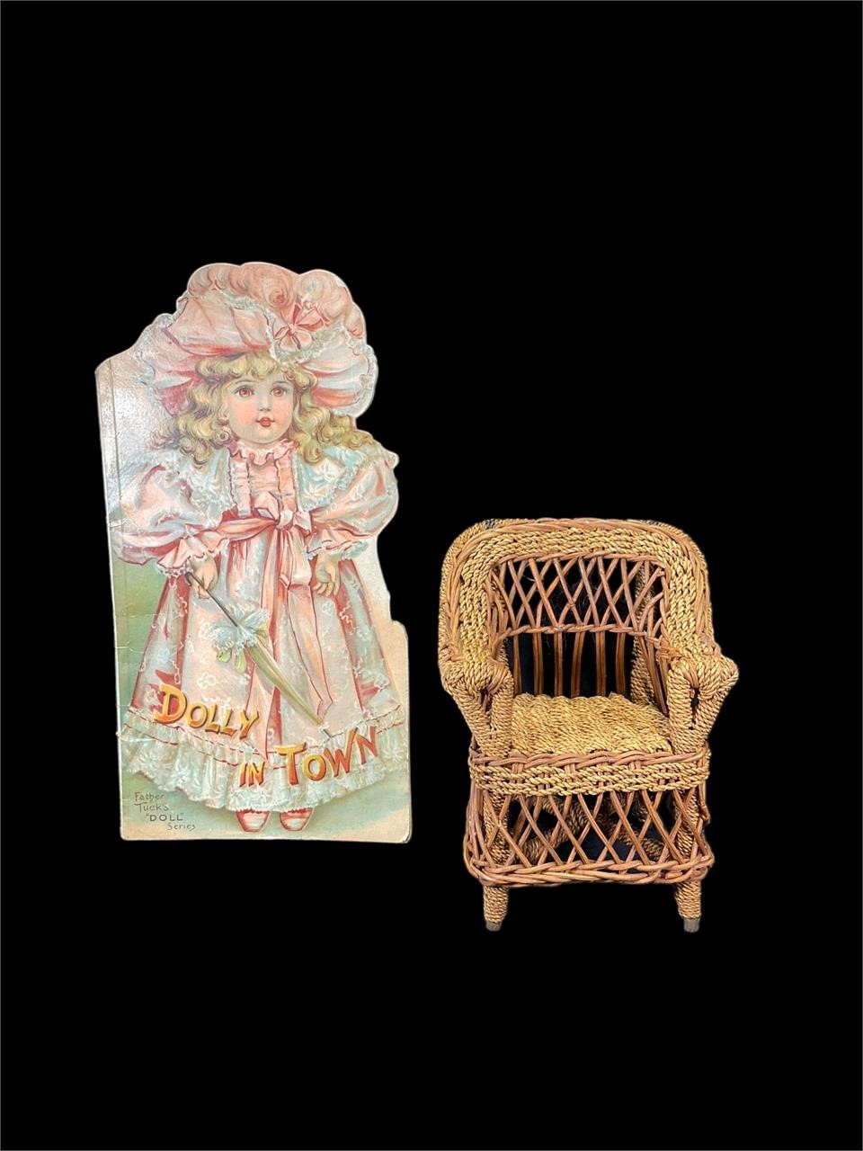 Antique Doll Book And Wicker Chair