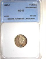 1942-C 10 Cents NNC MS62 Newfoundland