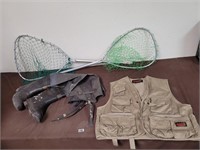 Fishing vest, 2x nets, and size 6 waders
