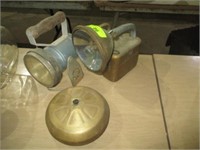 2 antique flashligths, old alarm bell